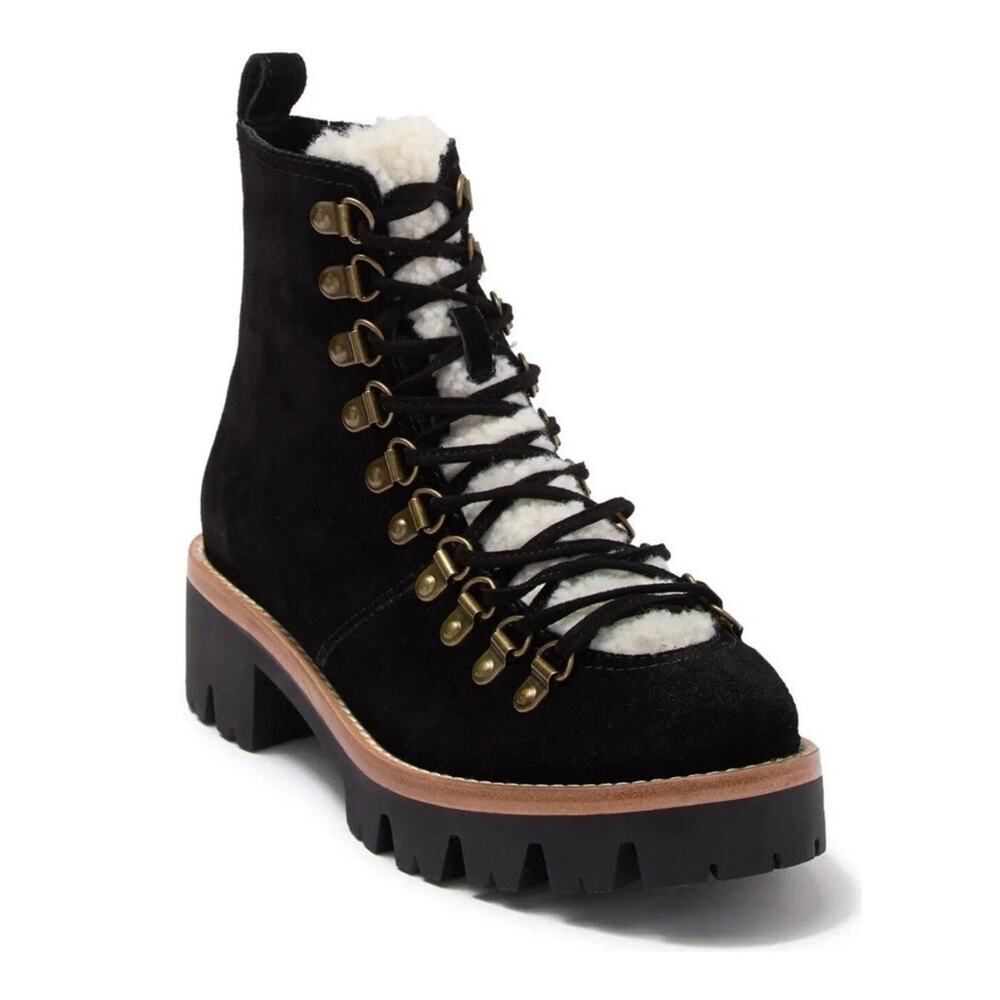 Jeffrey Campbell Stanley Black Suede Faux Fur Hiker Boots Lug Sole 9.5